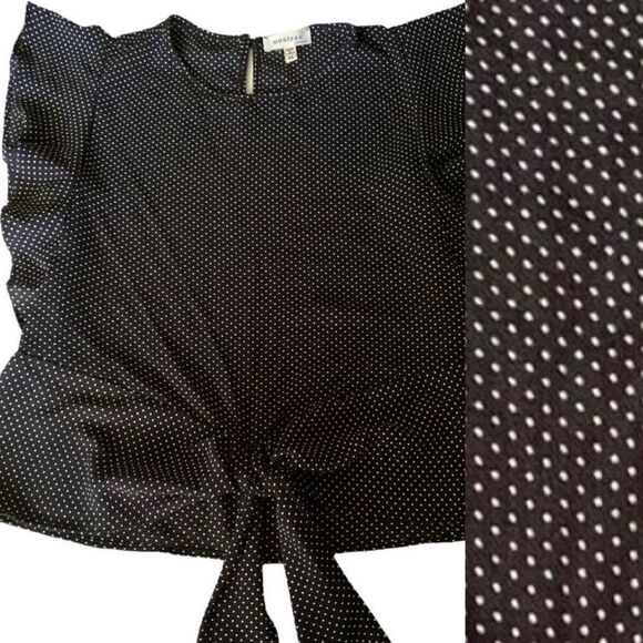 Black flounce polkadot crew neck Front tie cropped ruffle sleeve Blouse top -M - Picture 1 of 8